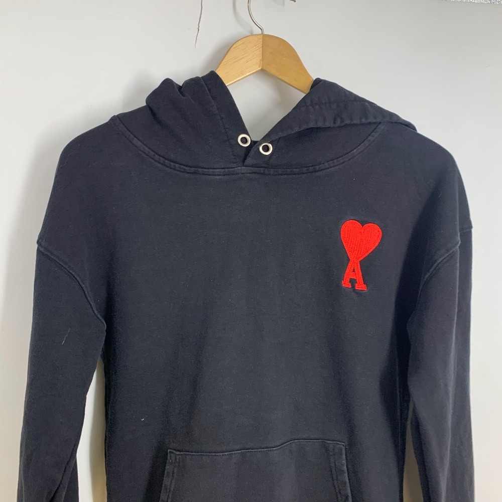 Ami Paris Black Ami de Coeur Heart Logo Hoodie Sweatshirt‎ Mens Size L - Picture 2 of 10
